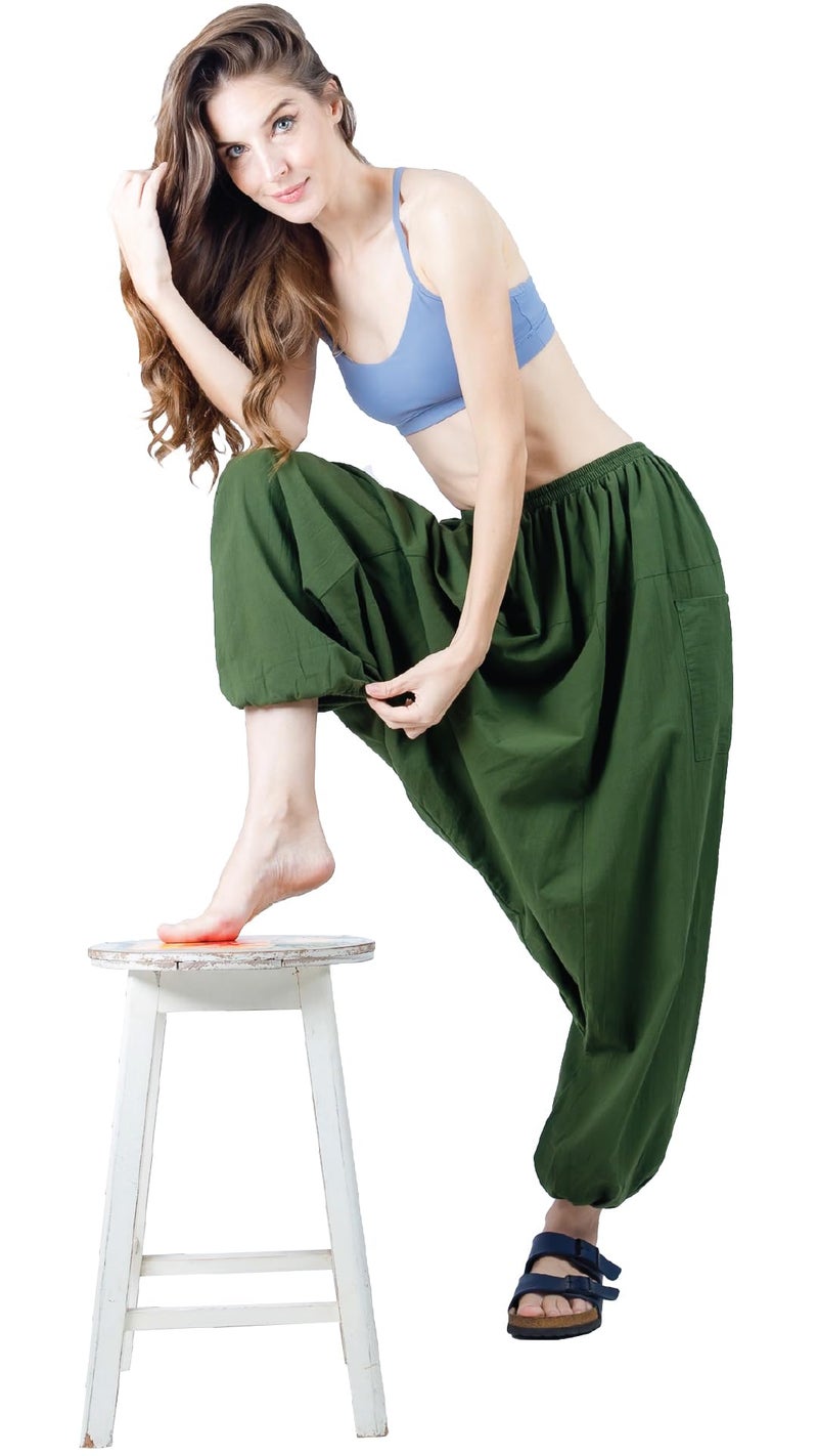 CandyHusky Women Cotton Harem Pants Casual Elastic Waist Boho Pants Comfort Soft - Green - Image 3